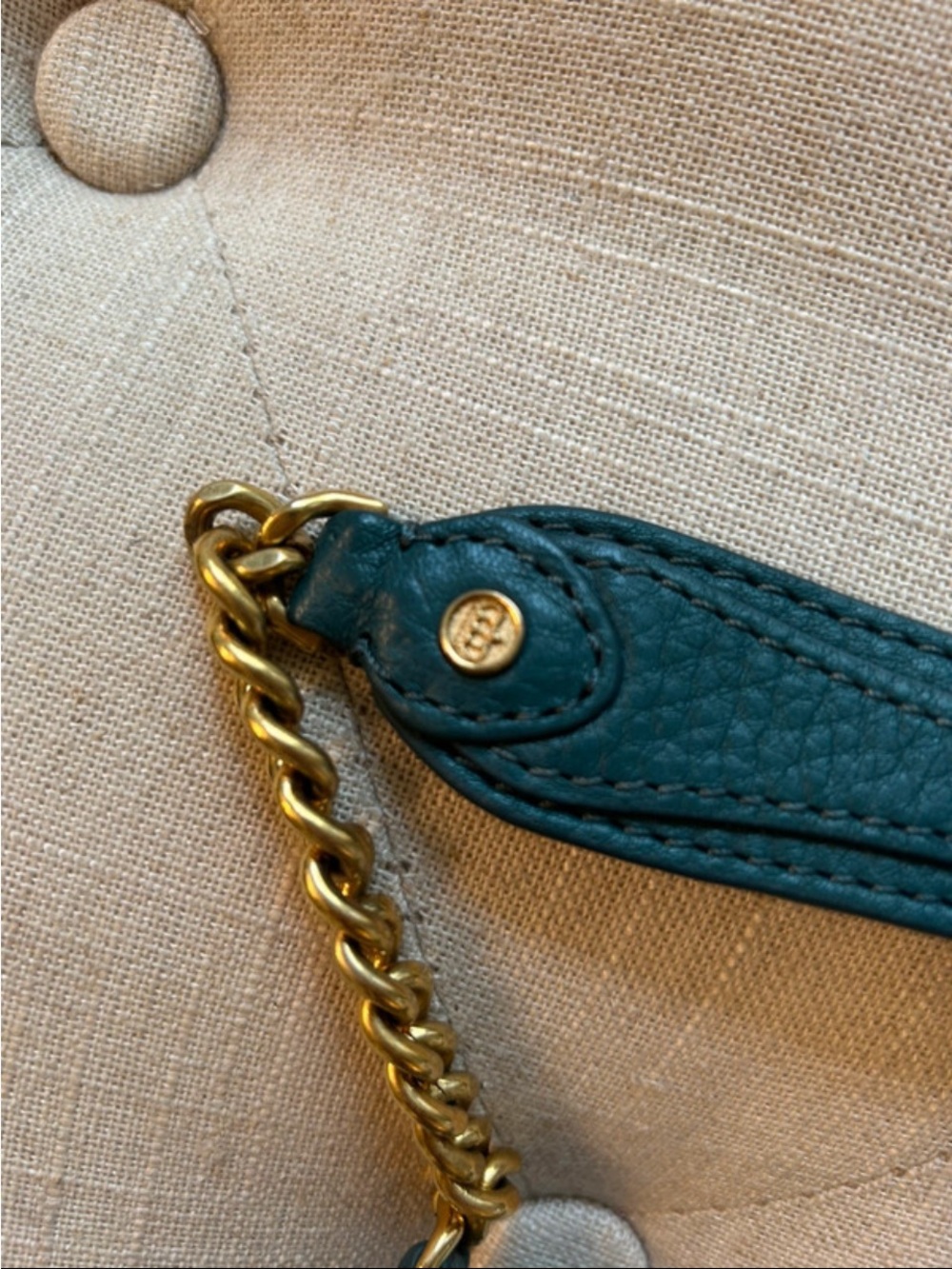 Designer Teal Leather Shoulder Bag with Gold Chain - Picture 2 of 10